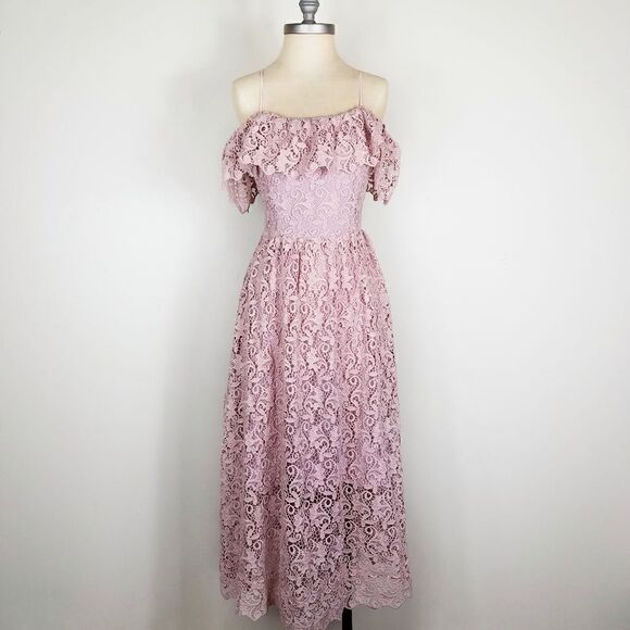 Quiet Luxury Pink Rose Thin Strap Elegant Maxi Lace Dress Size 12 - Picture 2 of 9